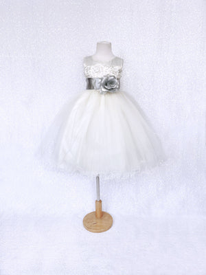 Sleeveless V-Back Carnation FL Ivory 2 Layer Tulle Dress Baby Blue Sash Flower