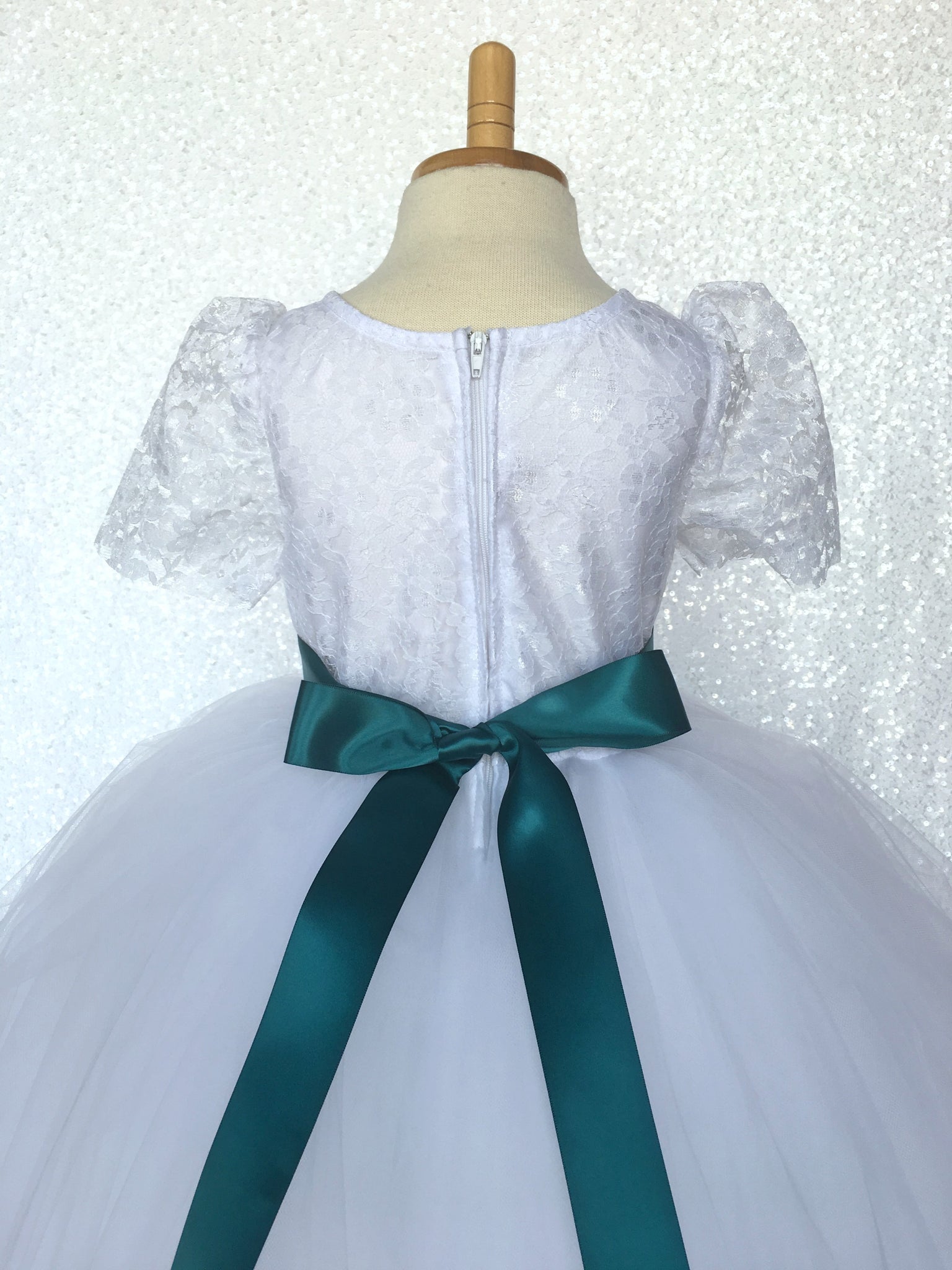 Lace Sleeve White 4 Layer Tulle Princess Dress Burgundy Satin Ribbon