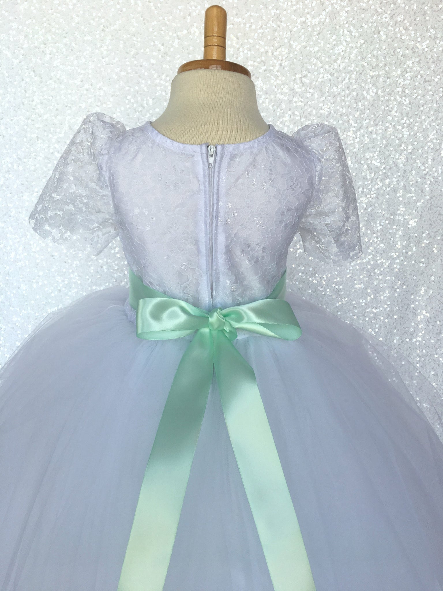 Lace Sleeve White 4 Layer Tulle Princess Dress Burgundy Satin Ribbon