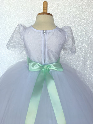 Lace Sleeve White 4 Layer Tulle Princess Dress Burgundy Satin Ribbon