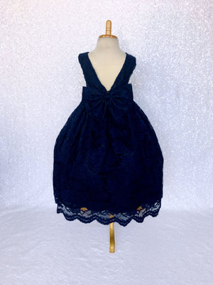 Aqua Blue V-Back Sleeveless French Lace Gown Bow