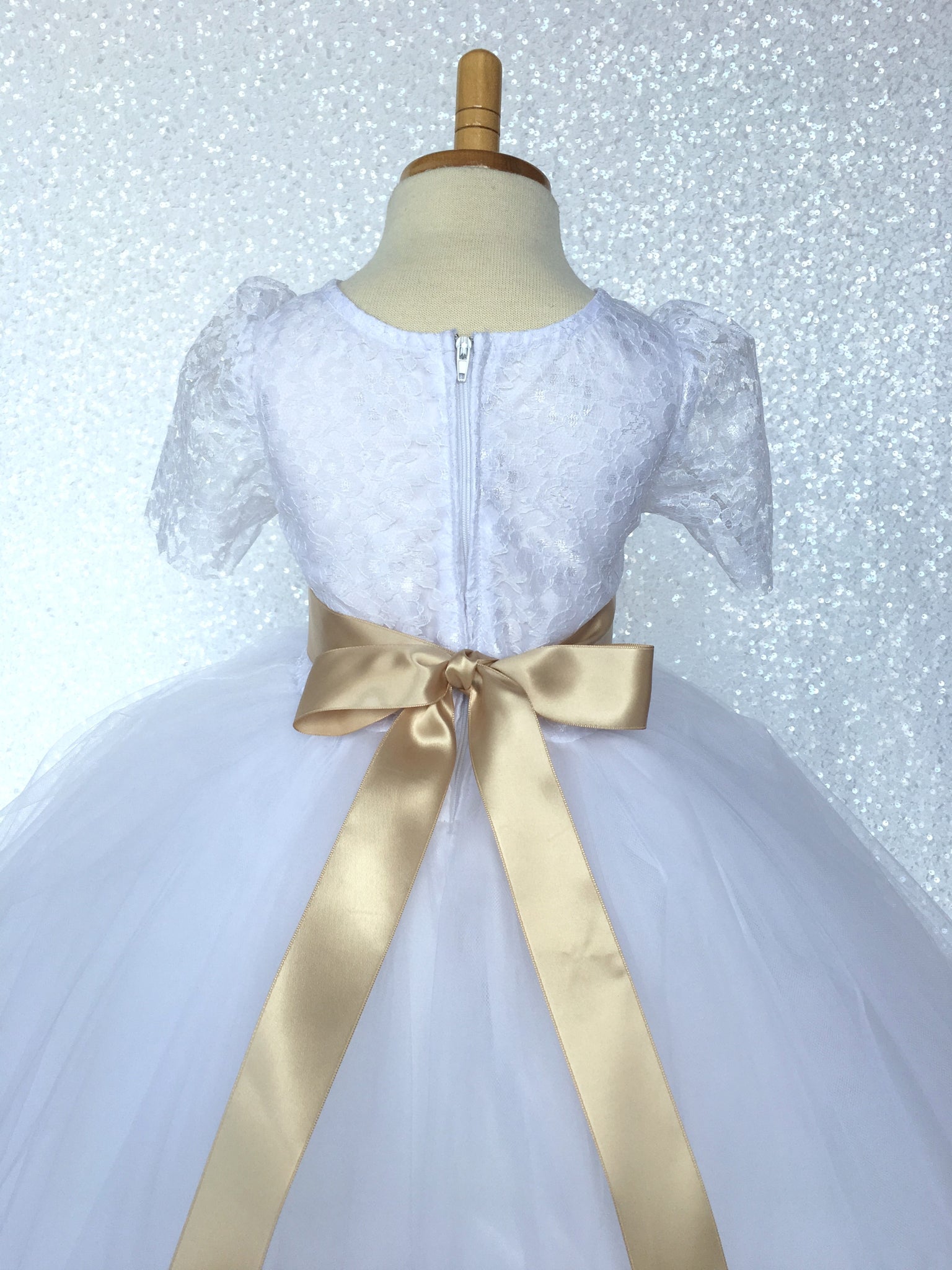 Lace Sleeve White 4 Layer Tulle Princess Dress Fuchsia Satin Ribbon