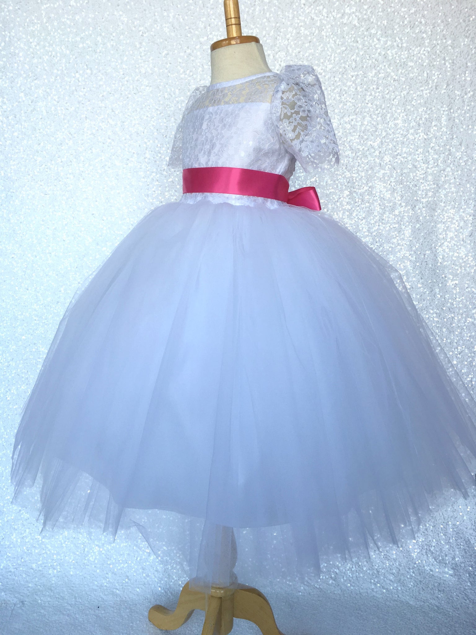 Lace Sleeve White 4 Layer Tulle Princess Dress Fuchsia Satin Ribbon