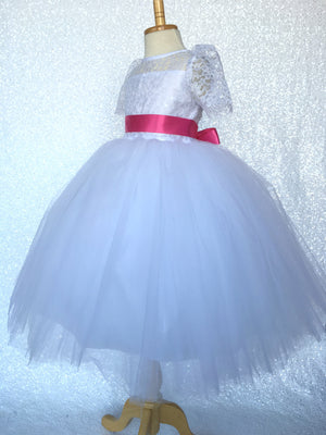 Lace Sleeve White 4 Layer Tulle Princess Dress Fuchsia Satin Ribbon