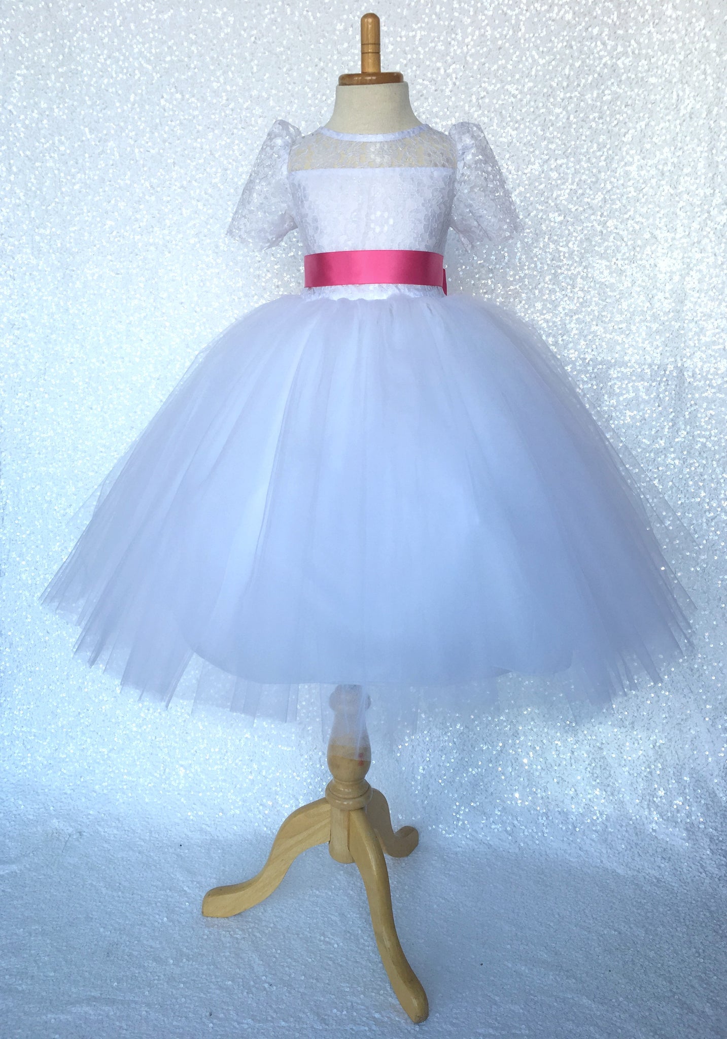 Lace Sleeve White 4 Layer Tulle Princess Dress Fuchsia Satin Ribbon