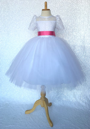 Lace Sleeve White 4 Layer Tulle Princess Dress Fuchsia Satin Ribbon