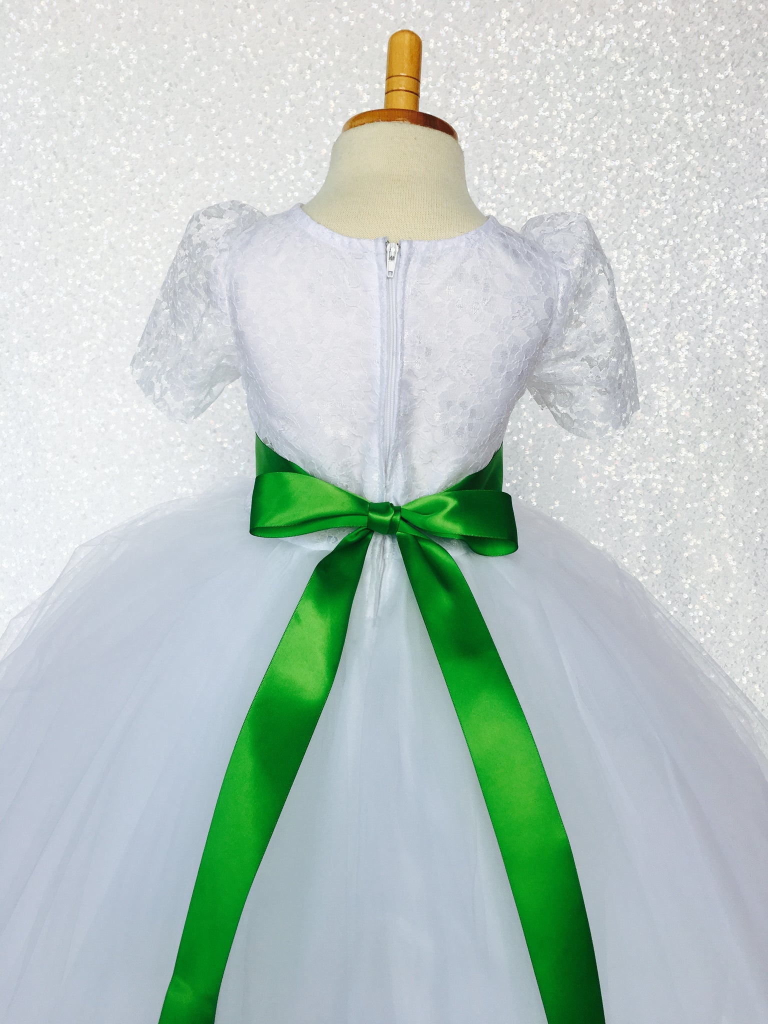 Lace Sleeve White 4 Layer Tulle Princess Dress Navy Satin Ribbon