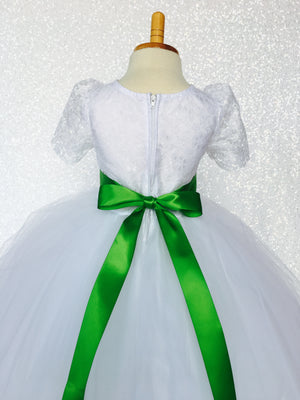 Lace Sleeve White 4 Layer Tulle Princess Dress Navy Satin Ribbon