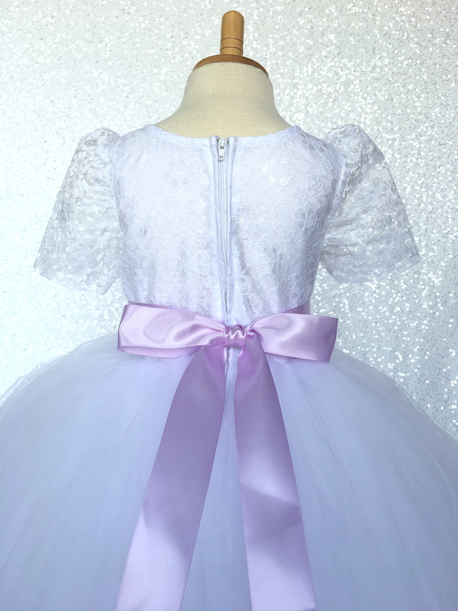 Lace Sleeve White 4 Layer Tulle Princess Dress Fuchsia Satin Ribbon