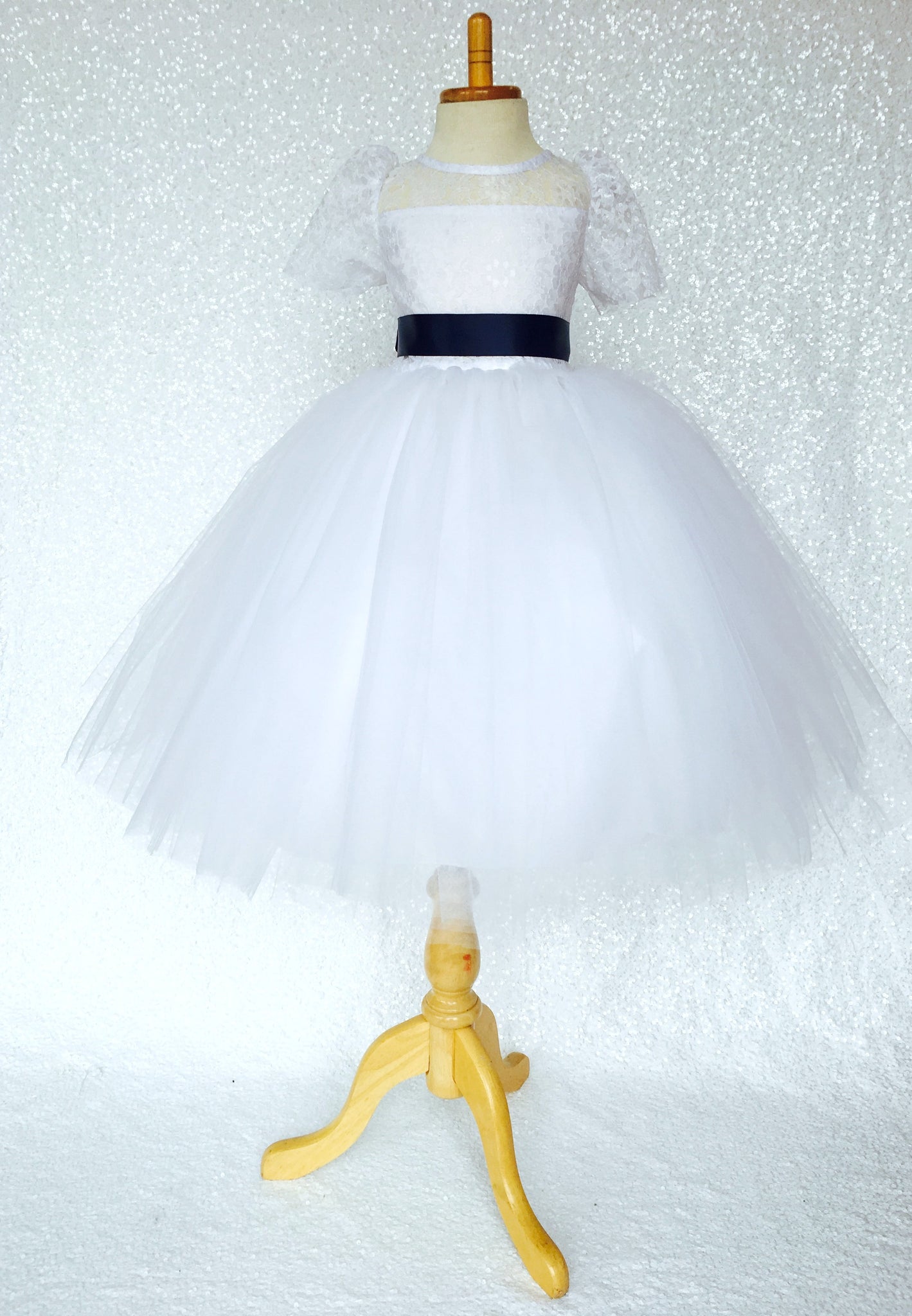 Lace Sleeve White 4 Layer Tulle Princess Dress Navy Satin Ribbon