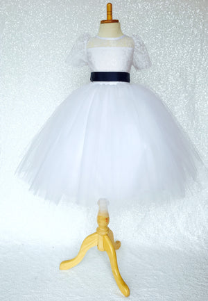 Lace Sleeve White 4 Layer Tulle Princess Dress Navy Satin Ribbon