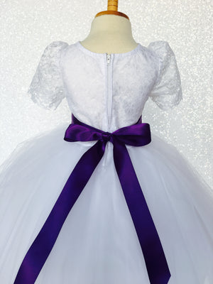 Lace Sleeve White 4 Layer Tulle Princess Dress Navy Satin Ribbon