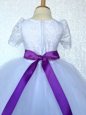 Lace Sleeve White 4 Layer Tulle Princess Dress Fuchsia Satin Ribbon