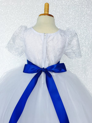 Lace Sleeve White 4 Layer Tulle Princess Dress Fuchsia Satin Ribbon