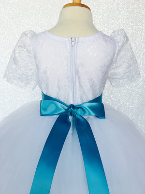 Lace Sleeve White 4 Layer Tulle Princess Dress Fuchsia Satin Ribbon
