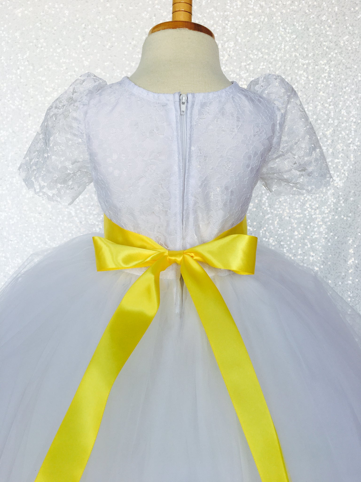 Lace Sleeve White 4 Layer Tulle Princess Dress Fuchsia Satin Ribbon