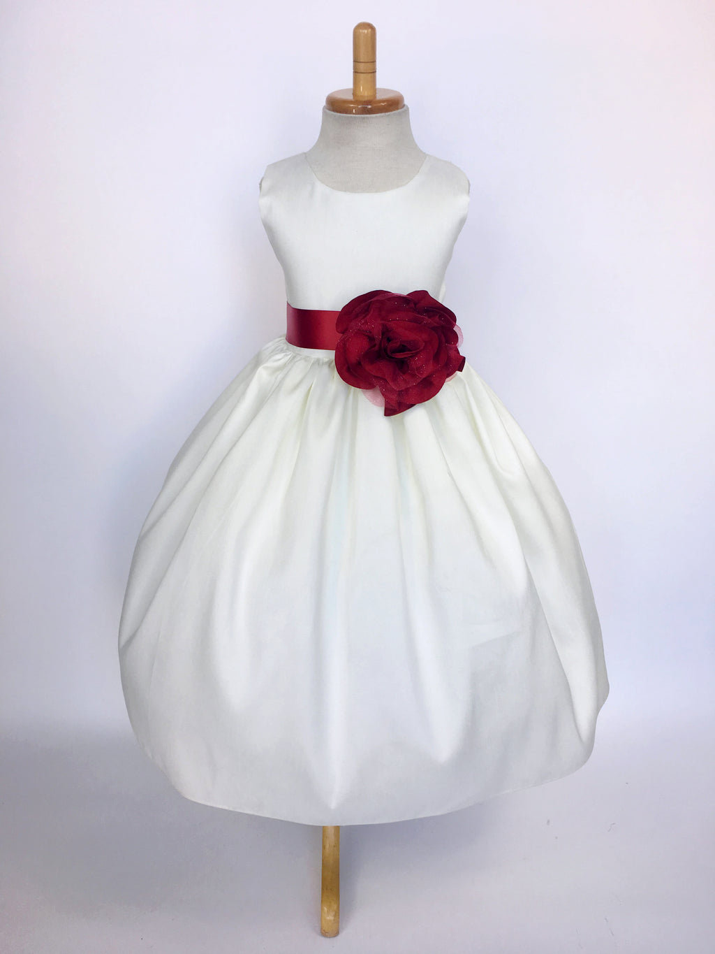 Ivory Vintage Shantung Off White Dress Apple Red Ribbon Flower