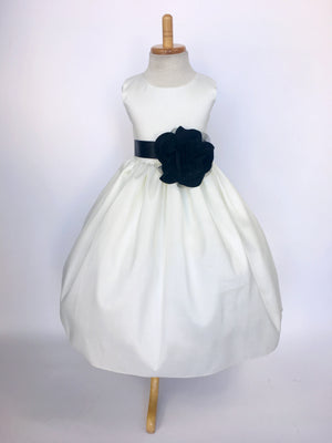 Ivory Vintage Shantung Off White Dress Teal Ribbon Flower
