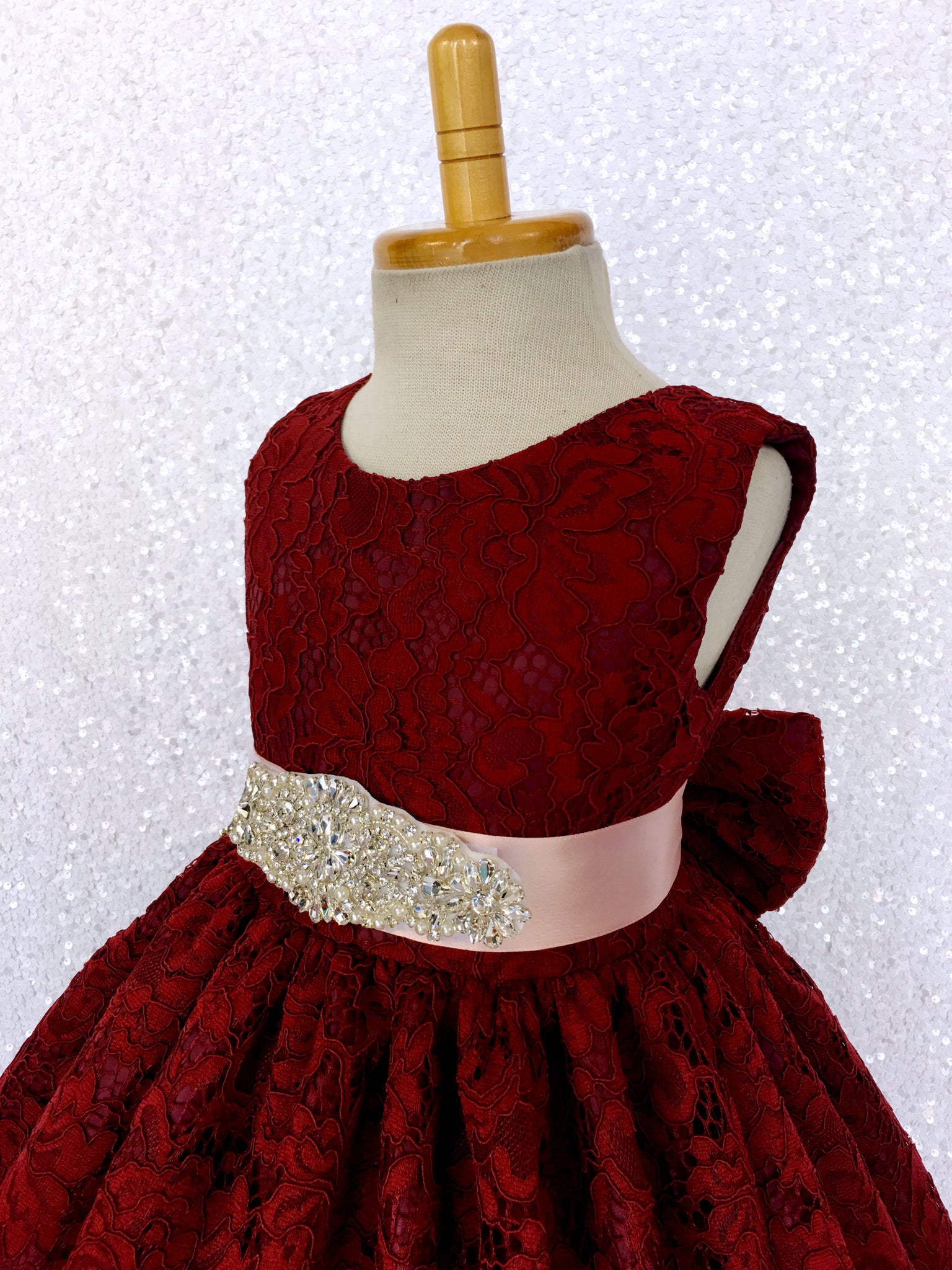 Burgundy French Lace V-Back Sleeveless Dress Rhinestone Sash Bow
