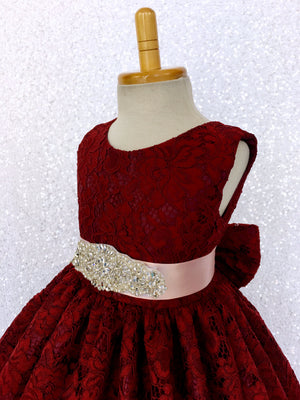 Burgundy French Lace V-Back Sleeveless Dress Rhinestone Sash Bow