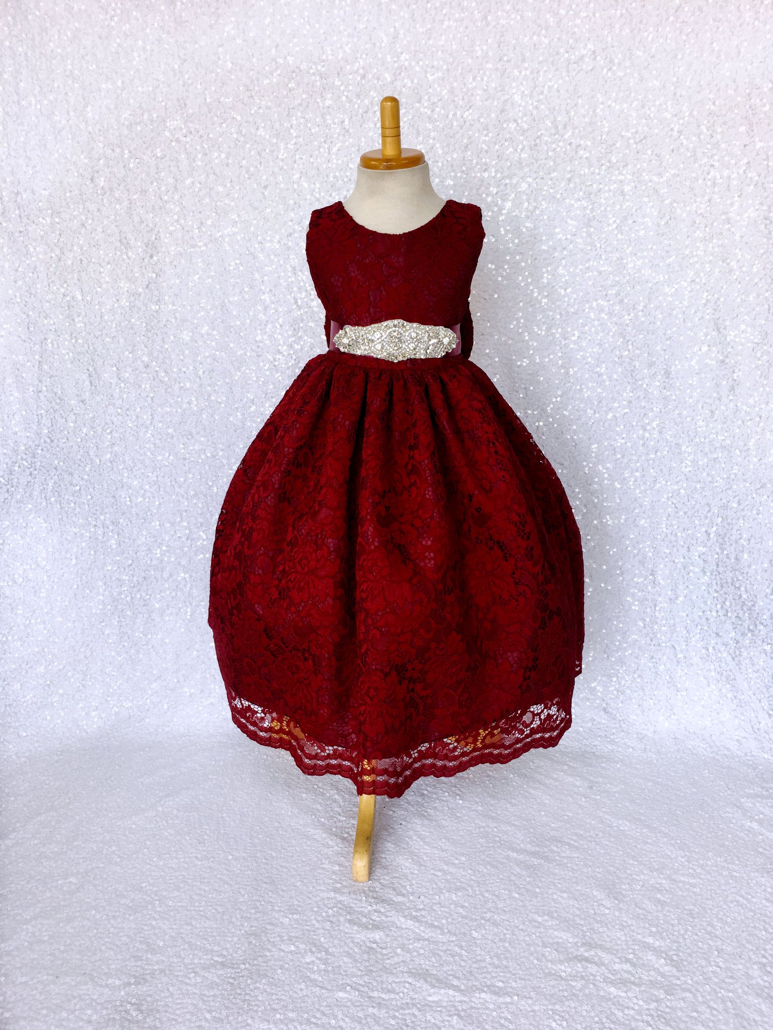 Burgundy French Lace V-Back Sleeveless Dress Rhinestone Sash Bow