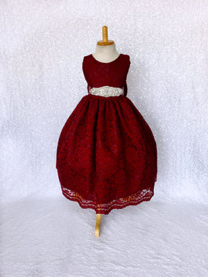 Burgundy French Lace V-Back Sleeveless Dress Rhinestone Sash Bow