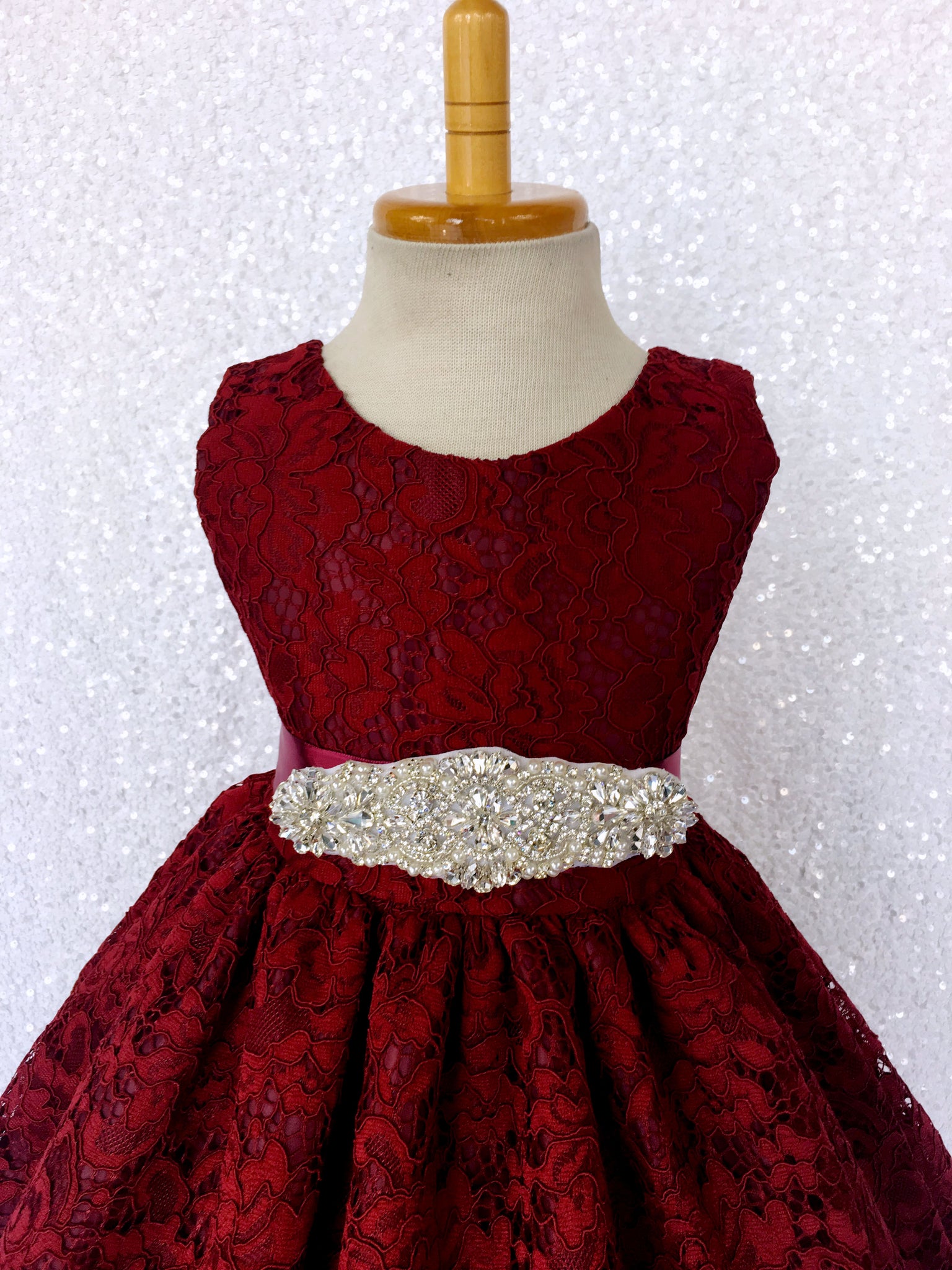 Burgundy French Lace V-Back Sleeveless Dress Rhinestone Sash Bow
