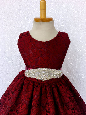 Burgundy French Lace V-Back Sleeveless Dress Rhinestone Sash Bow