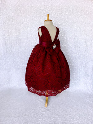 Burgundy French Lace V-Back Sleeveless Dress Rhinestone Sash Bow