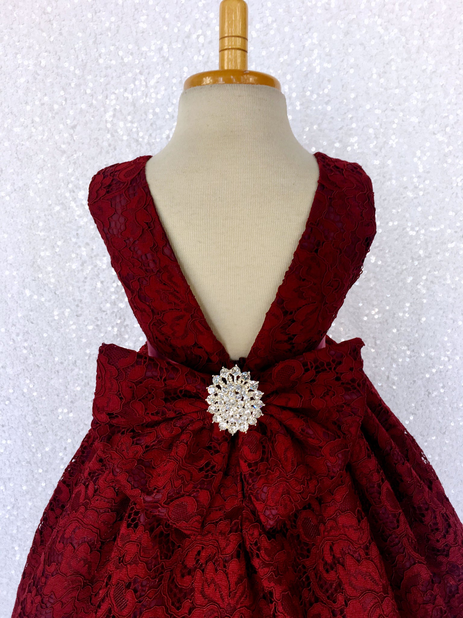Burgundy French Lace V-Back Sleeveless Dress Rhinestone Sash Bow