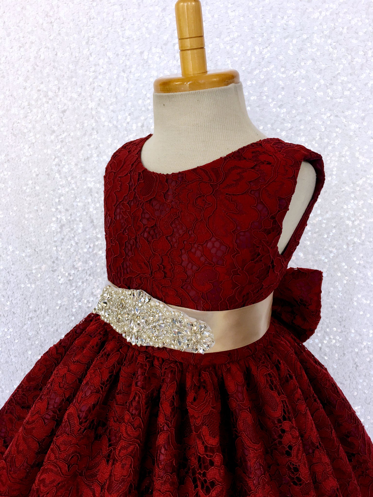 Burgundy French Lace V-Back Sleeveless Dress Rhinestone Sash Bow