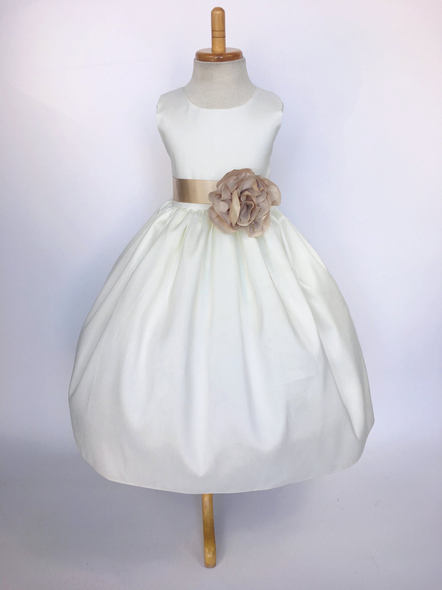 Ivory Vintage Shantung Off White Dress Teal Ribbon Flower