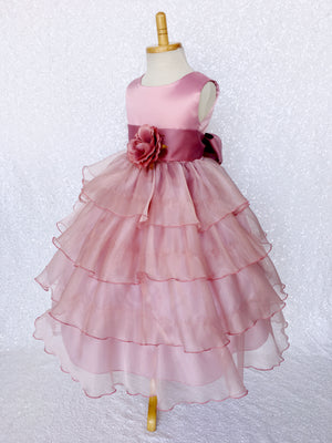 Sleeveless Satin Dusty Rose Organza Ruffle Dress