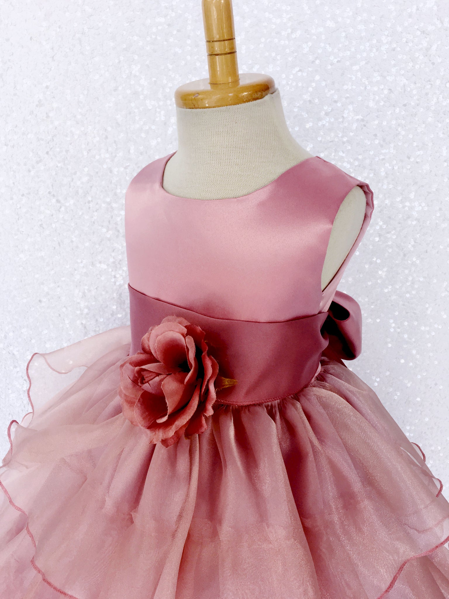 Sleeveless Satin Dusty Rose Organza Ruffle Dress