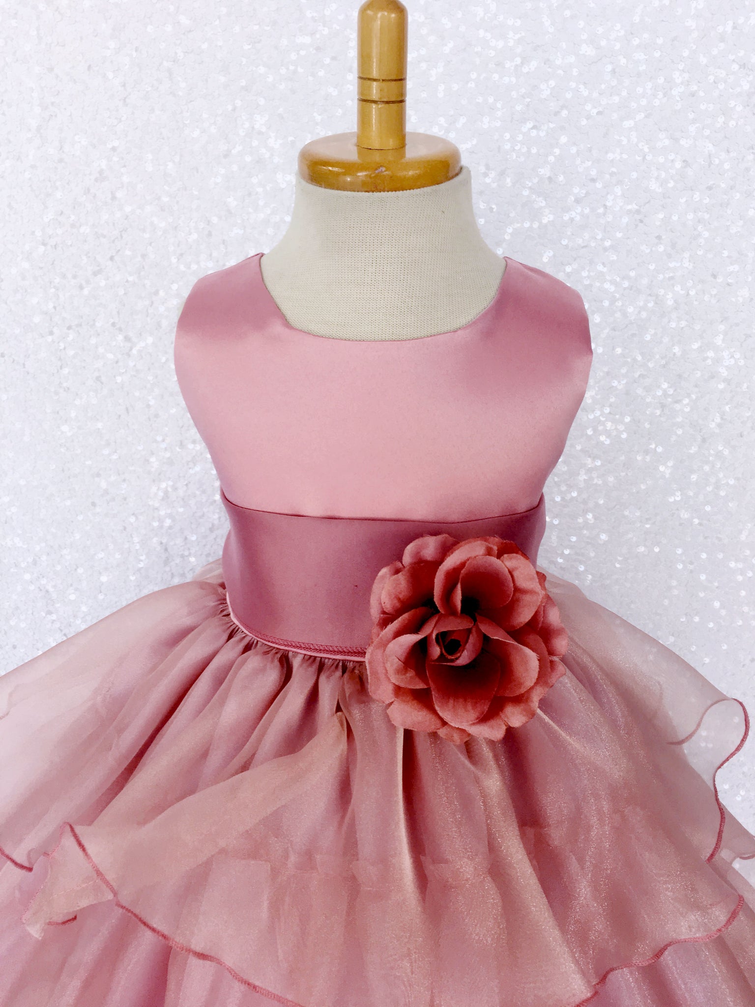 Sleeveless Satin Dusty Rose Organza Ruffle Dress