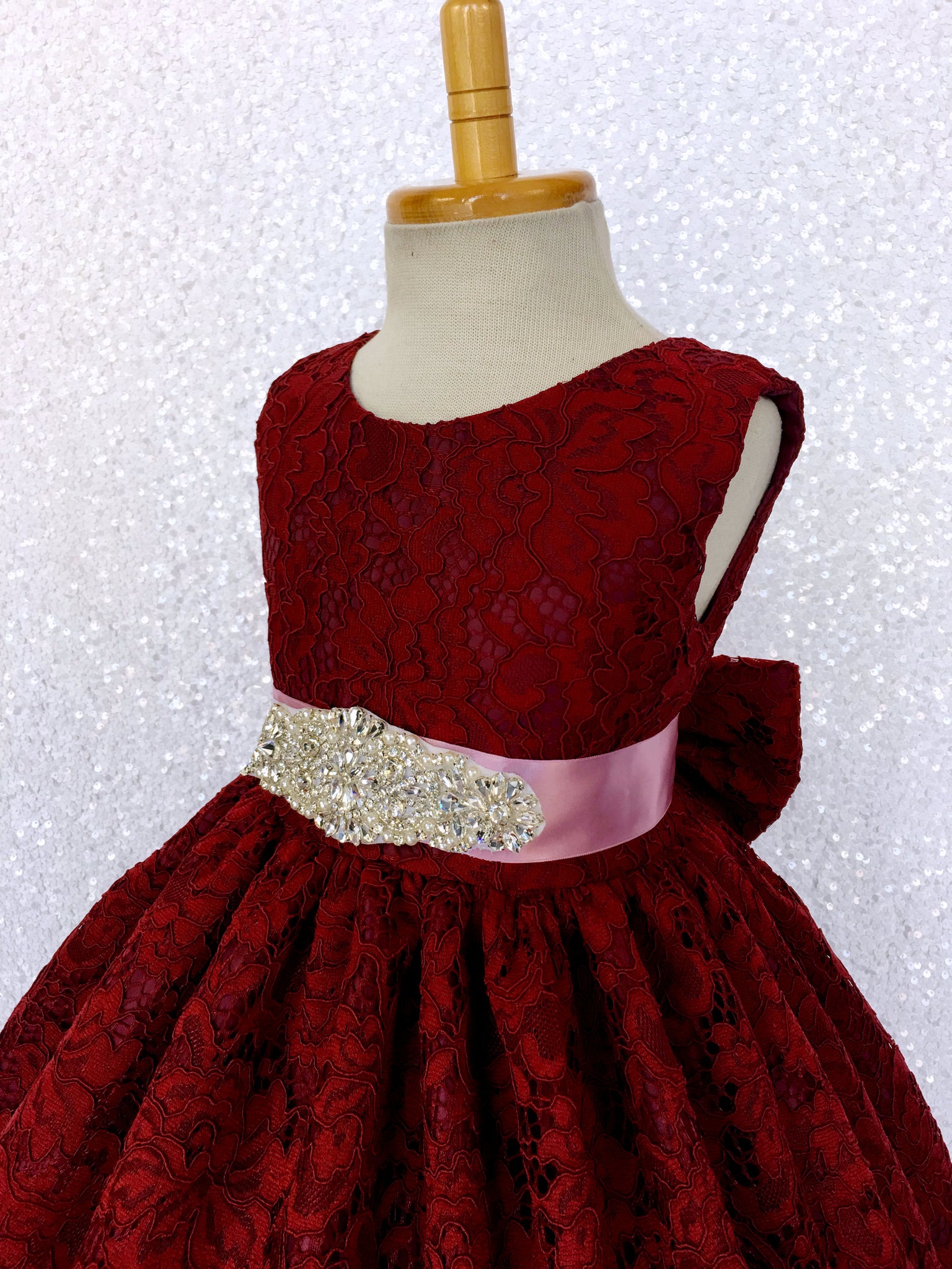 Burgundy French Lace V-Back Sleeveless Dress Rhinestone Sash Bow