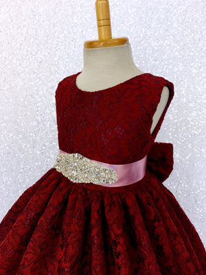 Burgundy French Lace V-Back Sleeveless Dress Rhinestone Sash Bow