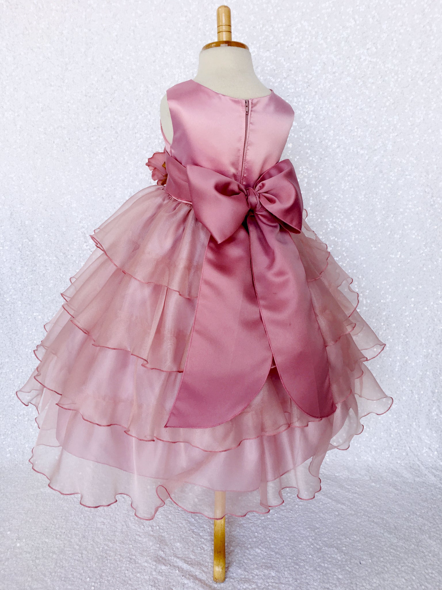 Sleeveless Satin Dusty Rose Organza Ruffle Dress