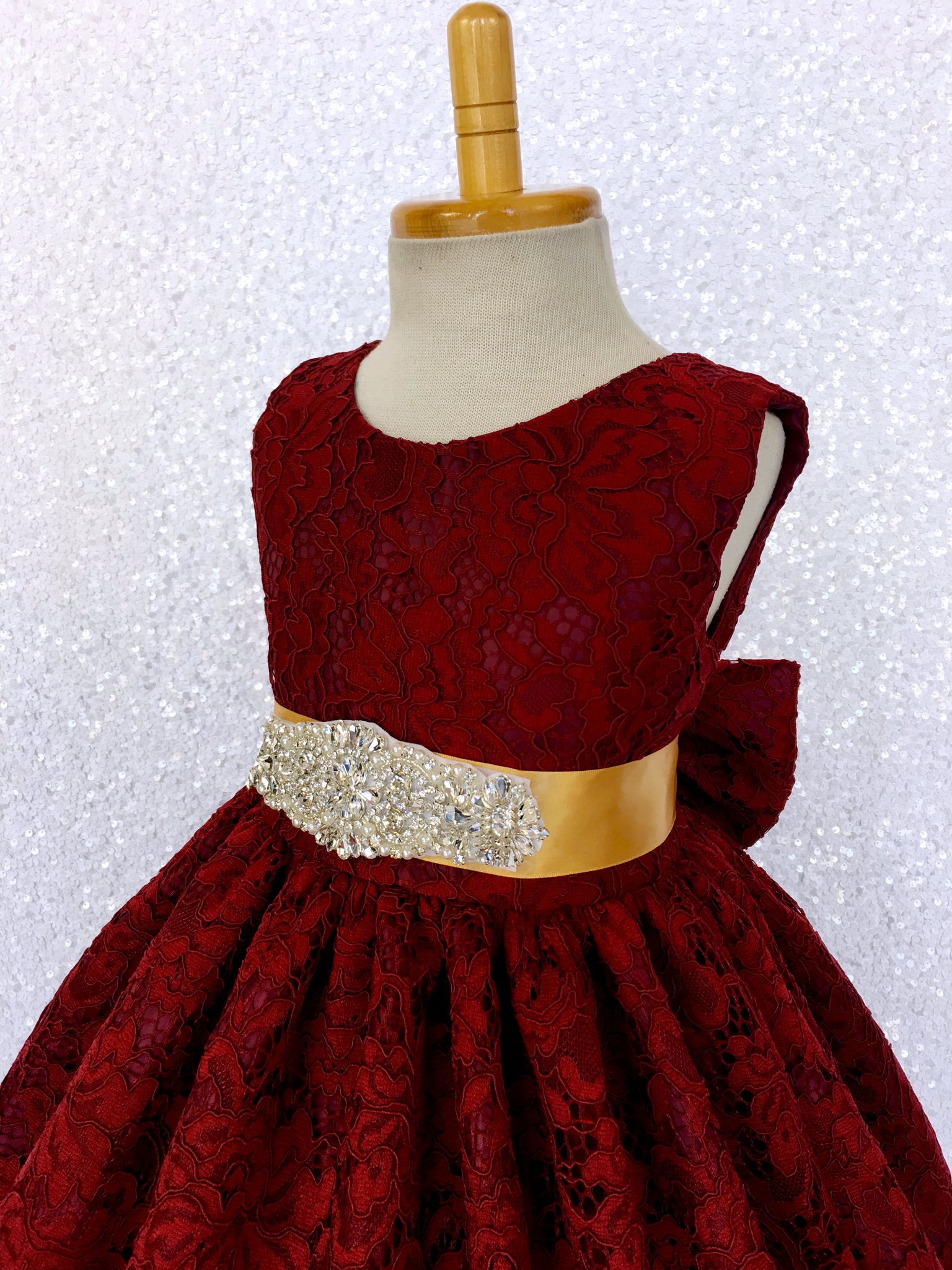 Burgundy French Lace V-Back Sleeveless Dress Rhinestone Sash Bow