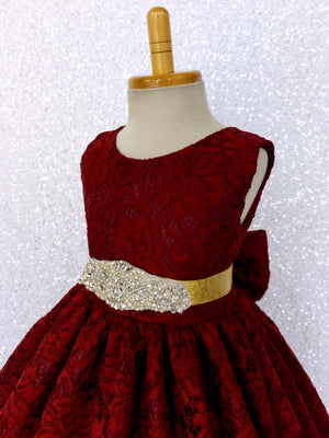 Burgundy French Lace V-Back Sleeveless Dress Rhinestone Sash Bow
