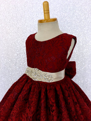 Burgundy French Lace V-Back Sleeveless Dress Rhinestone Sash Bow