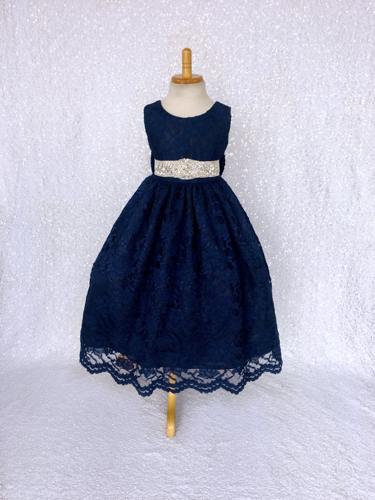 Navy French Lace V-Back Sleeveless Dress Bow Ivory Rhinestone Sash