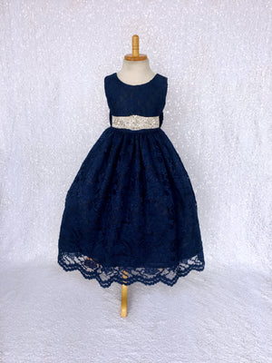 Navy French Lace V-Back Sleeveless Dress Bow Ivory Rhinestone Sash