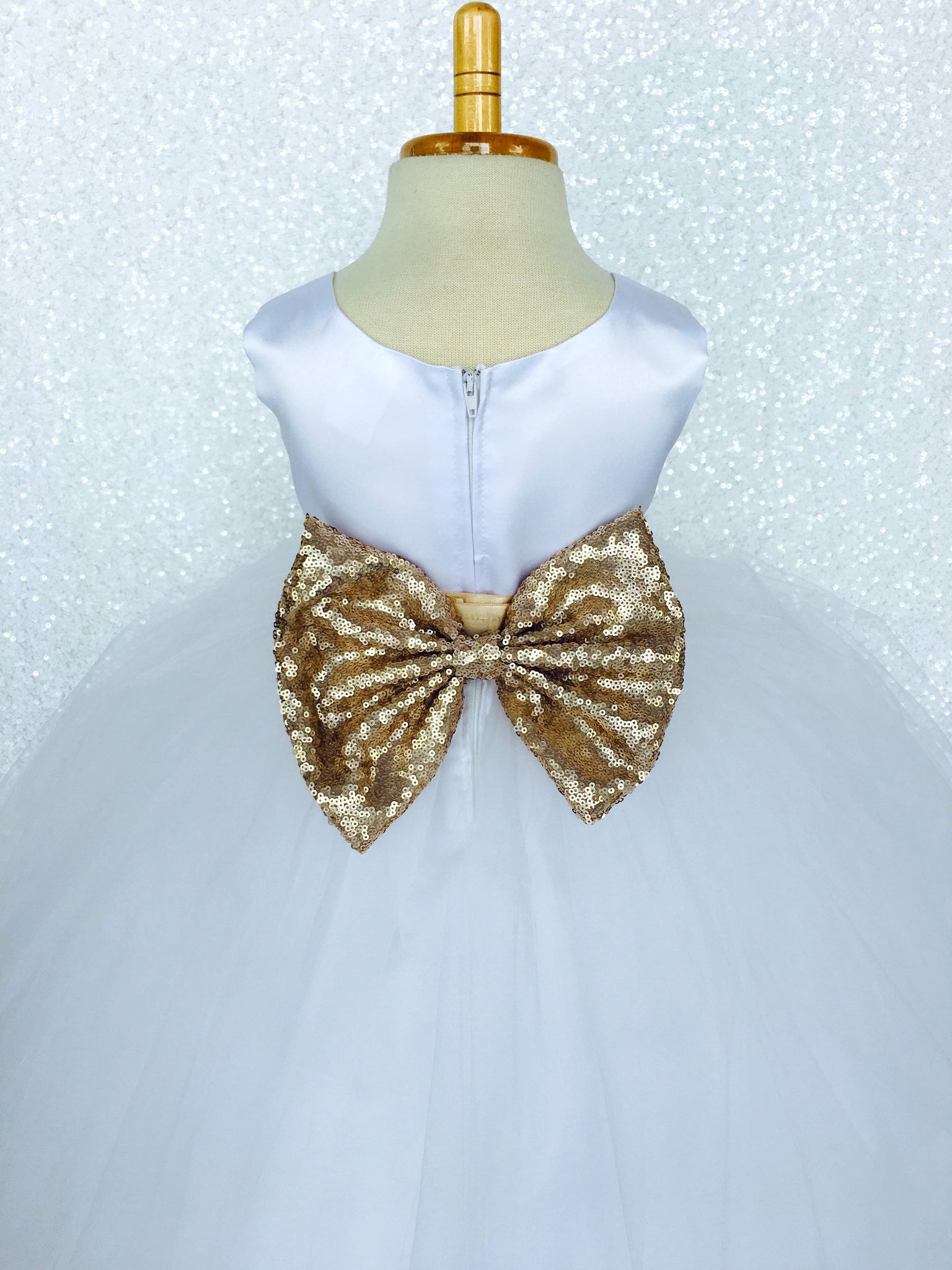 Sleeveless White 4 Layer Tulle Princess Dress Sequin Bow Ribbon