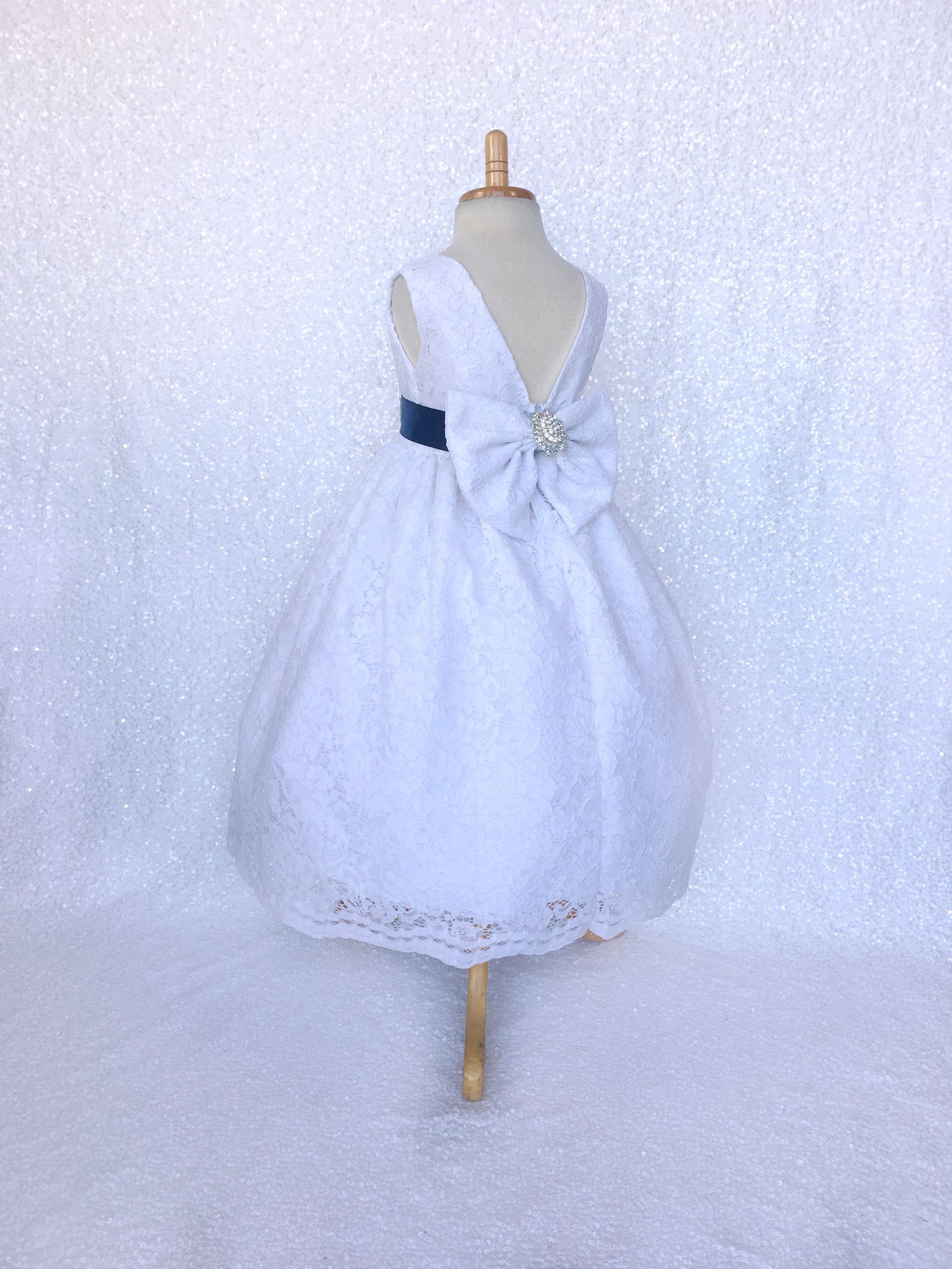 White French Lace V-Back Sleeveless Dress Rhinestone Bow Navy Blue Sash