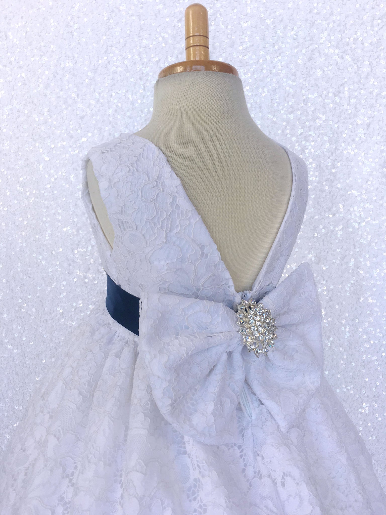 White French Lace V-Back Sleeveless Dress Rhinestone Bow Navy Blue Sash