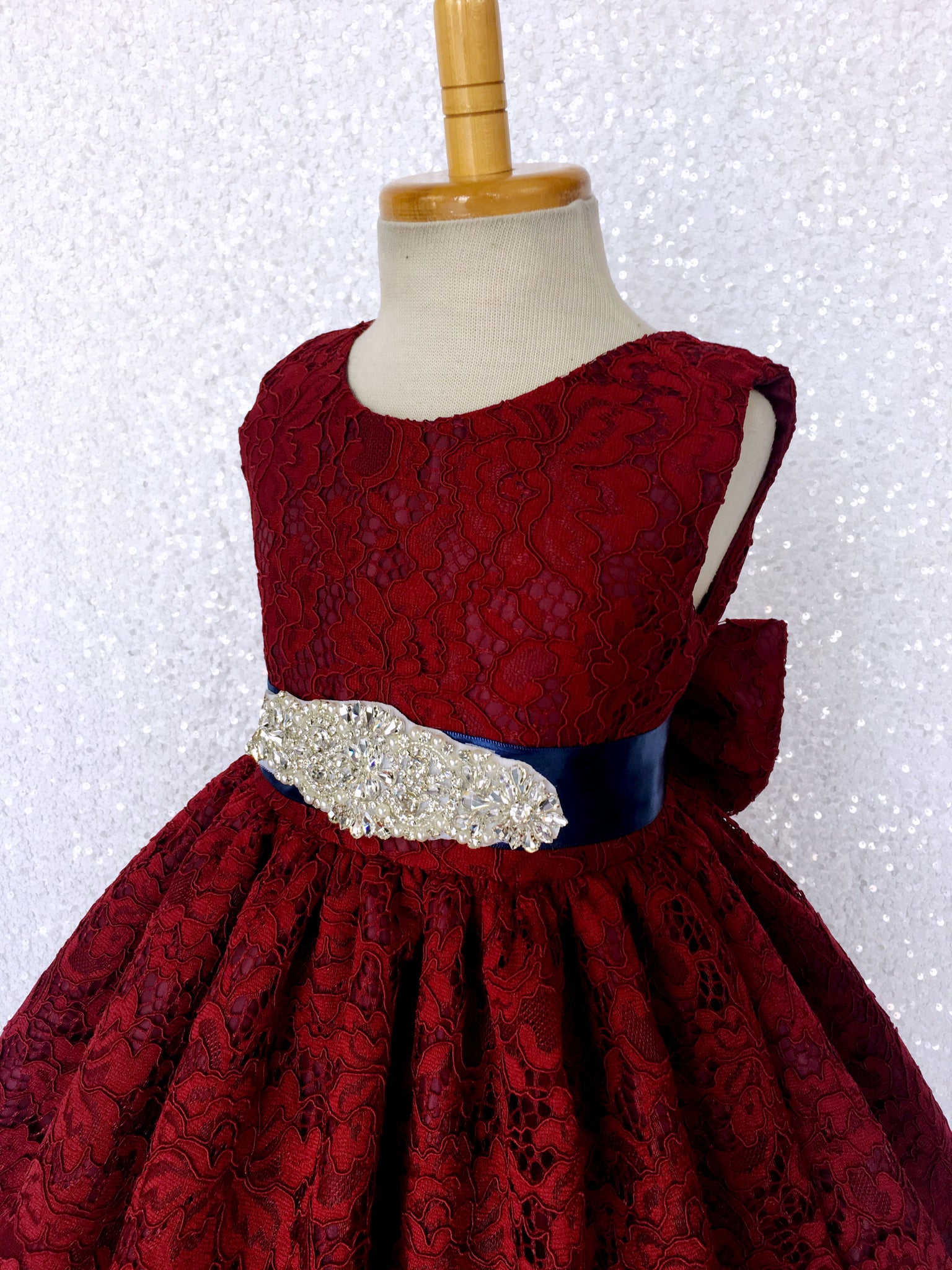 Burgundy French Lace V-Back Sleeveless Dress Rhinestone Sash Bow