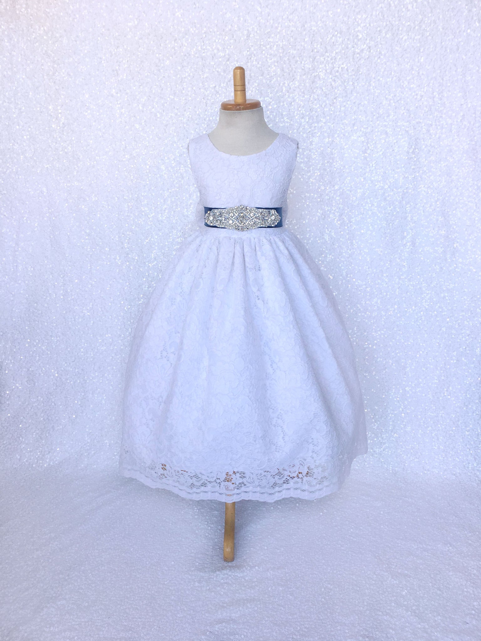 White French Lace V-Back Sleeveless Dress Rhinestone Bow Navy Blue Sash