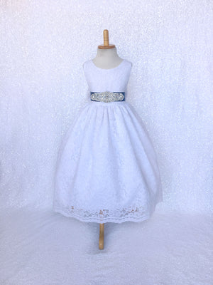 White French Lace V-Back Sleeveless Dress Rhinestone Bow Navy Blue Sash