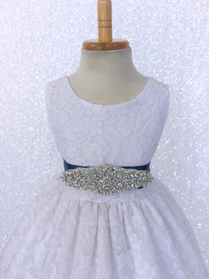 White French Lace V-Back Sleeveless Dress Rhinestone Bow Navy Blue Sash